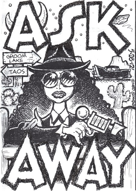 This is planned to become a painting for Introspective Collective... Woman-In-Black 'Mena Arc' surfaces outside Taos in Feb2023 to interview/assassinate an elderly glitter-rock bandmember with her microphone/raygun...